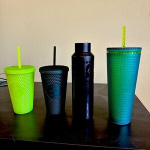 Set of 3 Starbucks cups and one water bottle